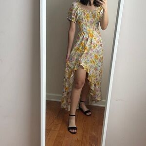 XS Spring Floral Maxi Slit Ruched Square Neck Puff Short Sleeve Yellow Dress